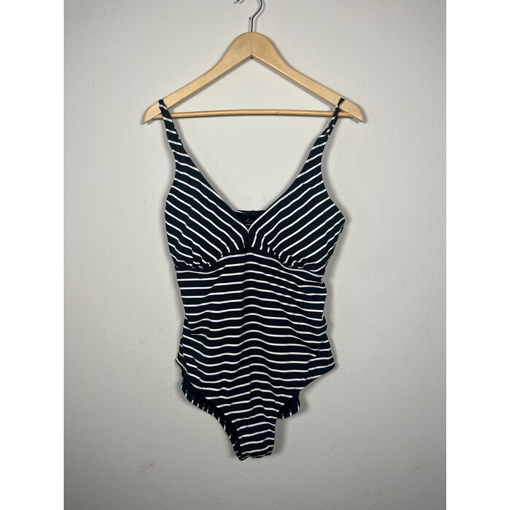 Catalina Womens Black Striped One Piece Swimsuit Ribbed V-Neck Size XL 16-18